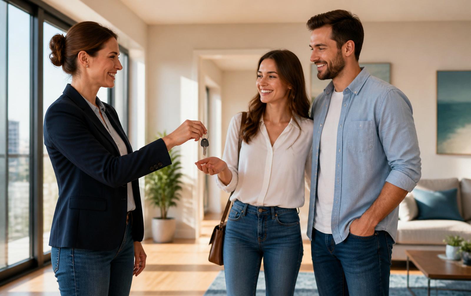 Agente inmobiliario entregando las llaves de una vivienda